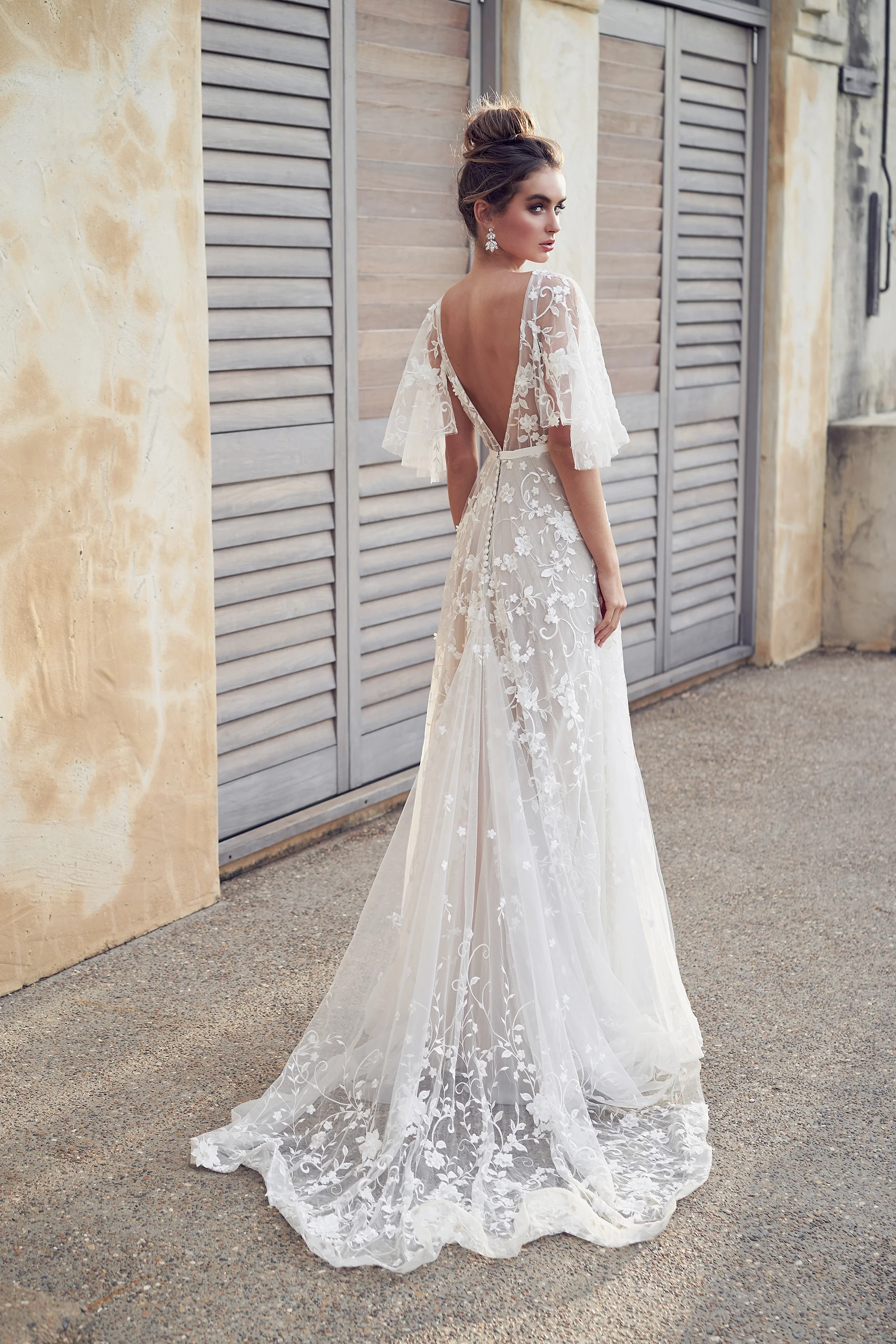 Draped sleeves wedding dress online